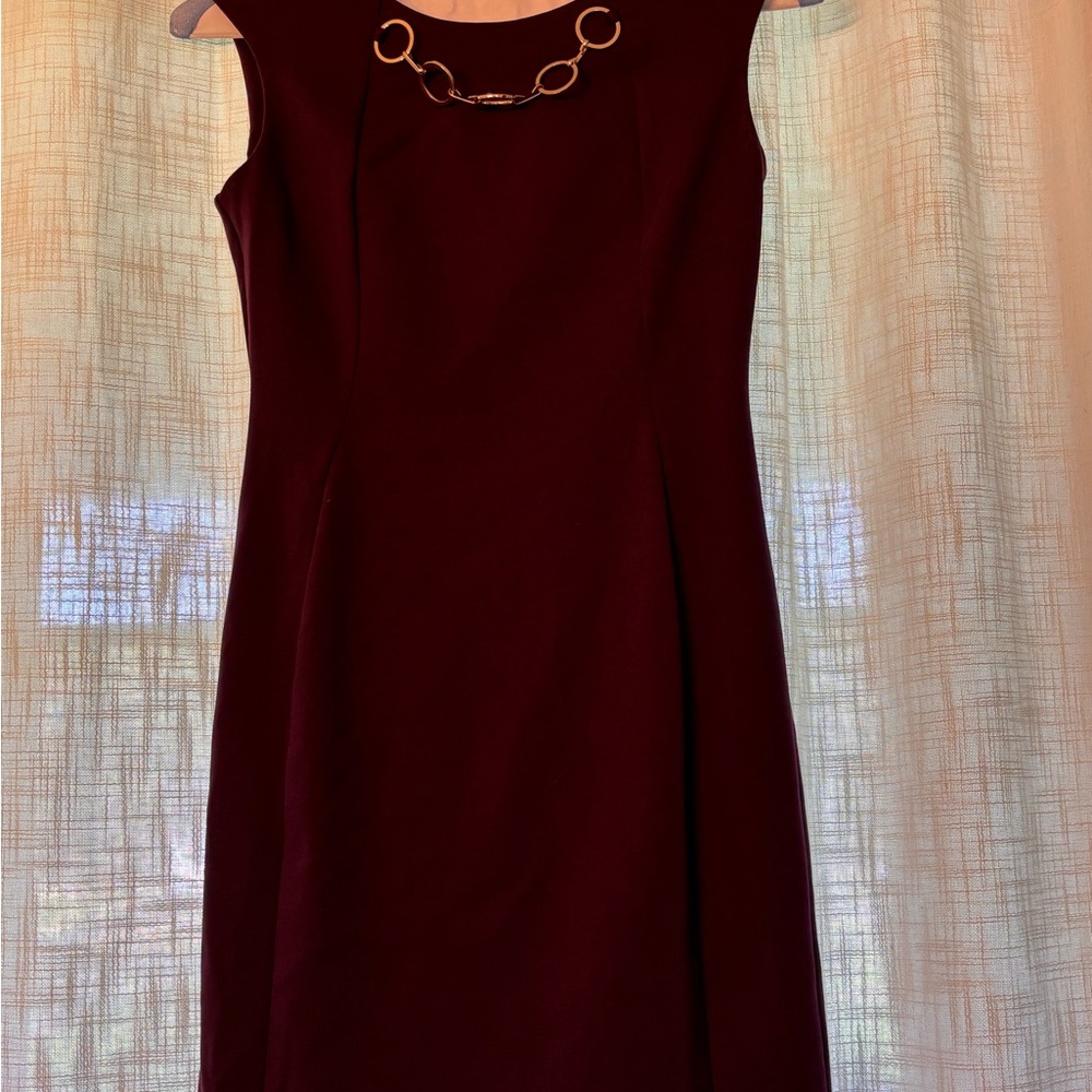 Calvin Klein Sleeveless Wine Sheath Dress with Gold Chain Accent